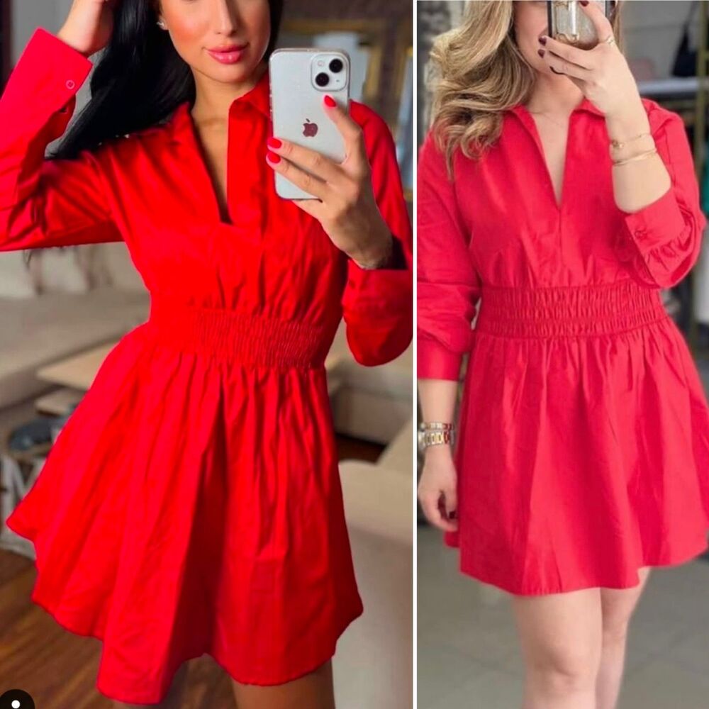 Zara Red Poplin Smocked Waist Mini Dress M